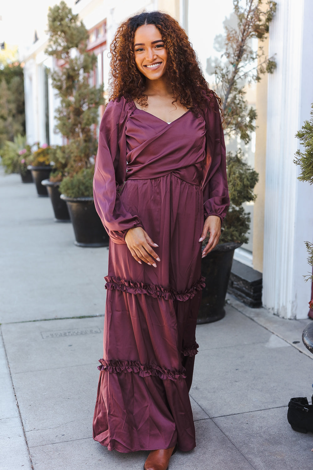 Holiday Vibes Wine Satin Front Overlap Smocked Back Maxi Dress