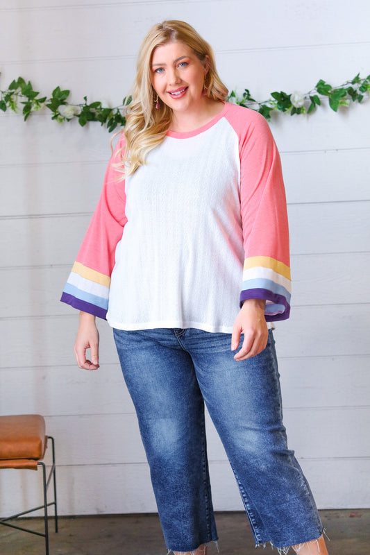 Pink Pointelle Color Block Wide Sleeve Pullover