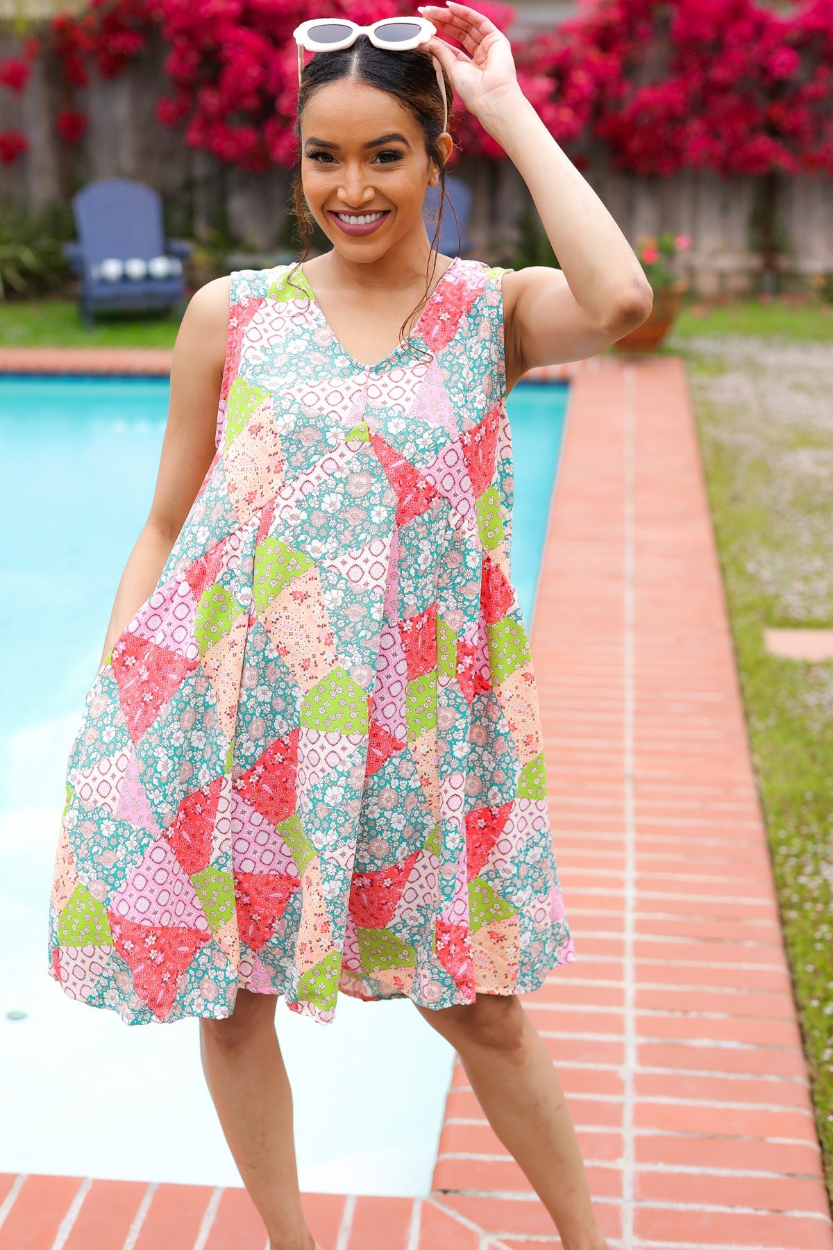 Hello Beautiful Peach & Sage Patchwork Babydoll Swing Dress