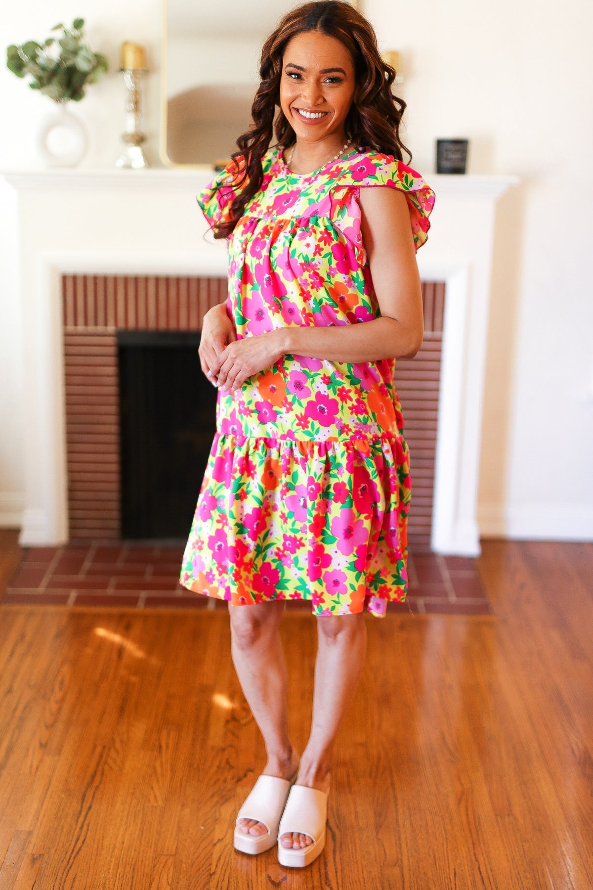 Be Charming Lime & Pink Floral Print Tiered Ruffle Sleeve Dress