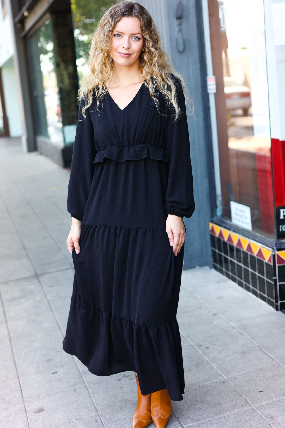 Beautiful You Black Pintuck Detail Frill V Neck Maxi Dress