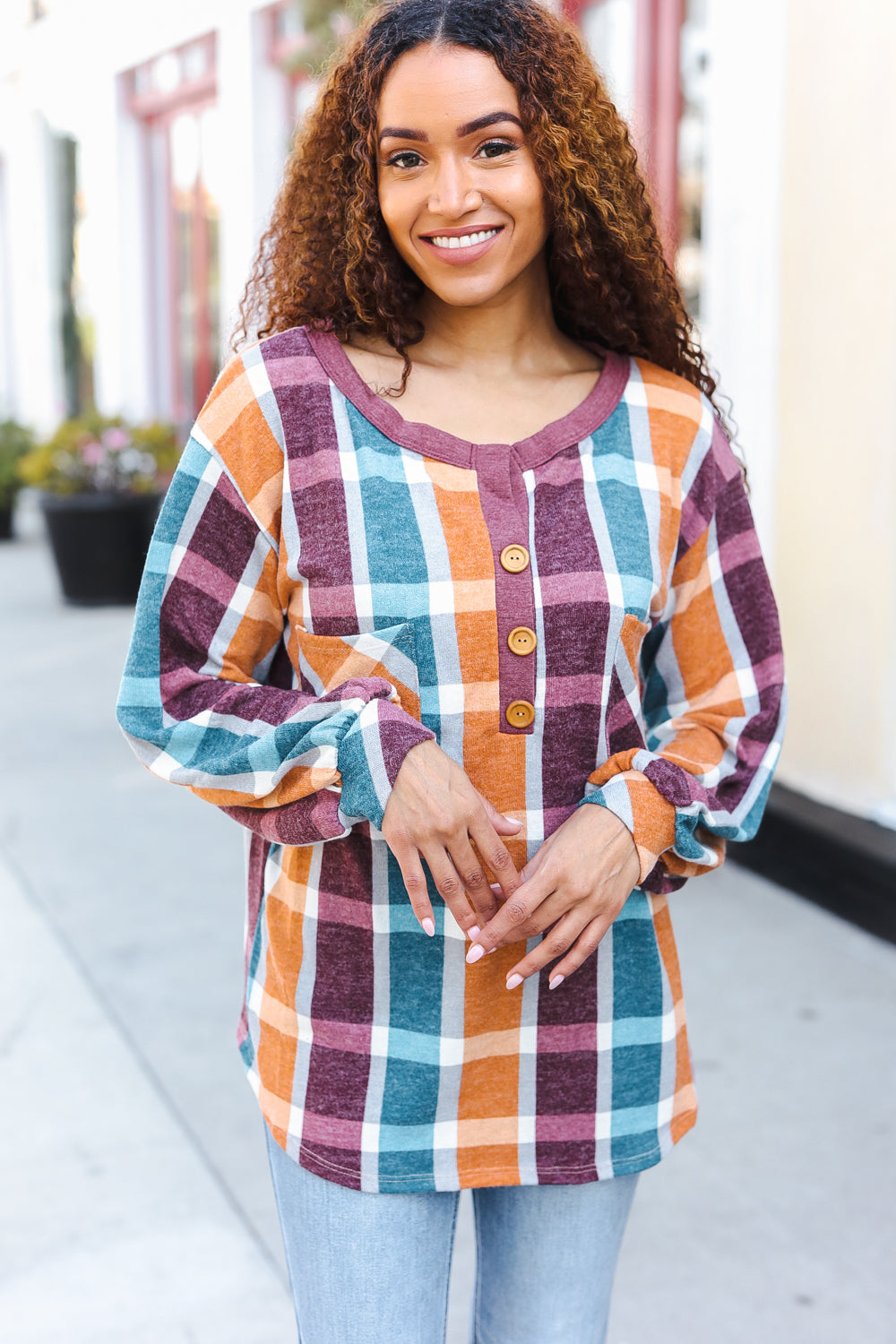 Adorable In Plaid French Terry Henley Pocket Top