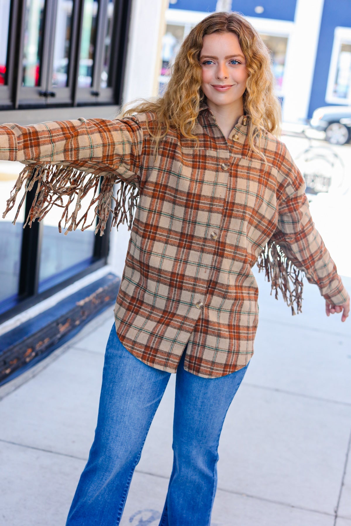 Boldly You Taupe & Rust Flannel Plaid Fringe Jacket