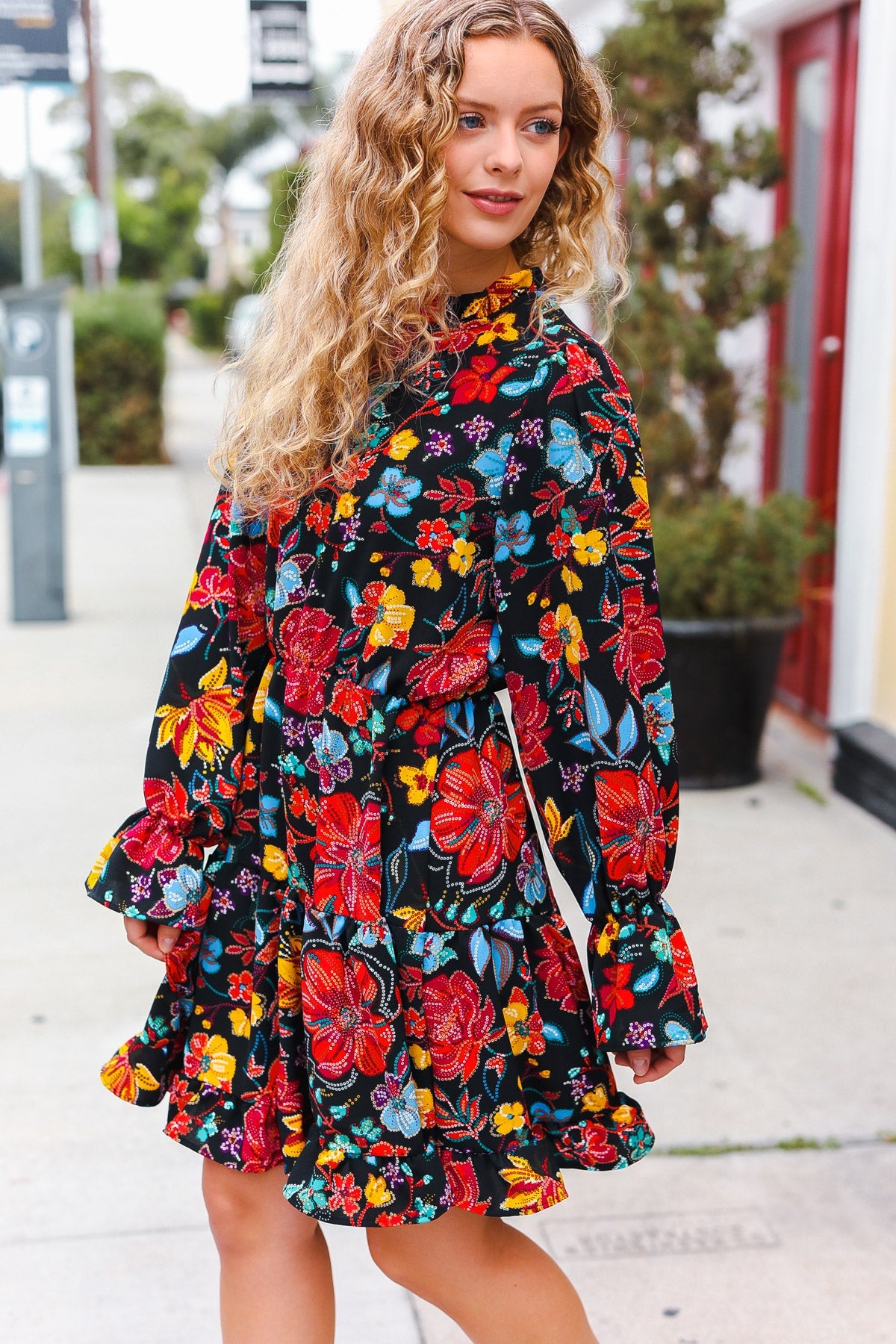 Lock Eyes Black Floral Sequin Print Ruffle Sleeve Frill Mock Neck Dress