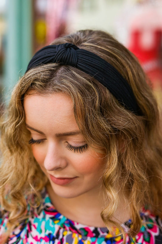 Black Ribbed Knit Top Knot Headband