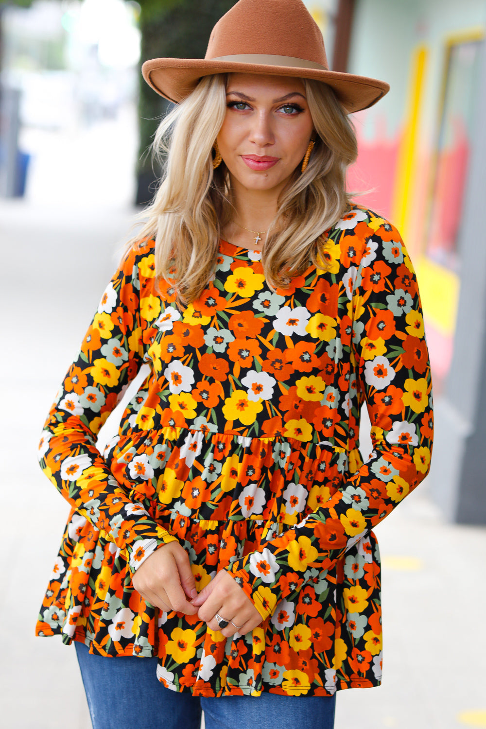 Rust Flat Floral Tiered Babydoll Top