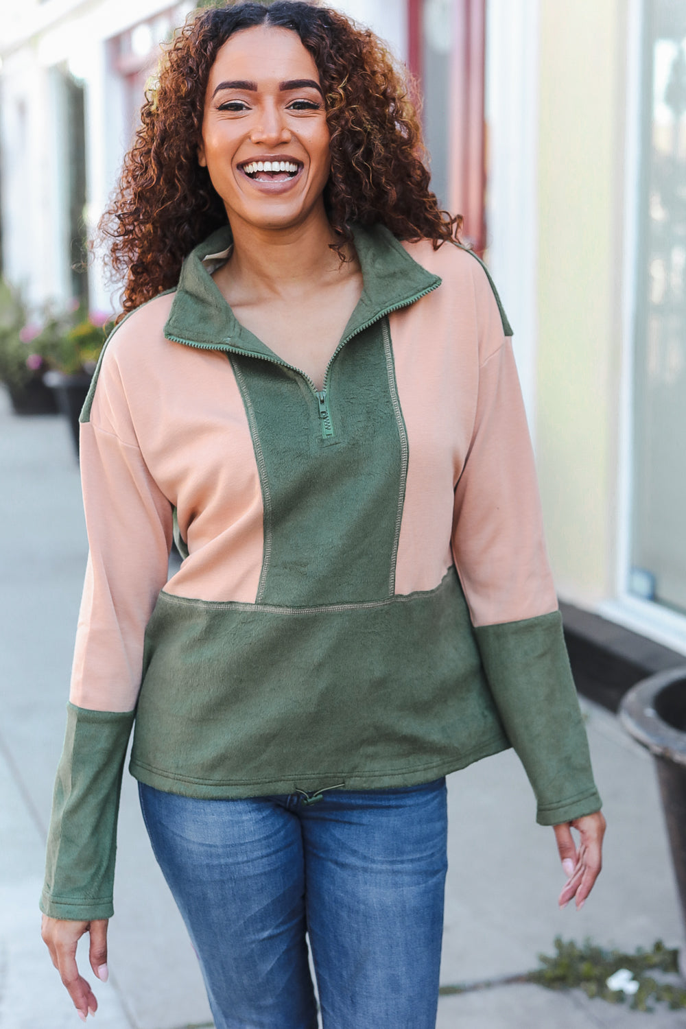 Holiday Vibes Taupe/Green Fleece Zip Up Cinched Hem Pullover