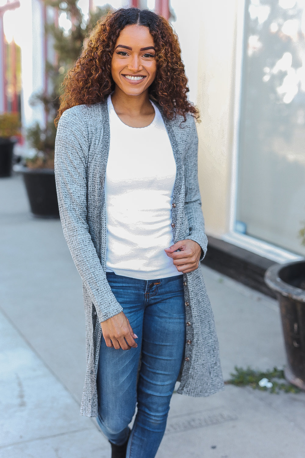 Spread Joy Grey Brushed Knit Crochet Button Down Duster Cardigan