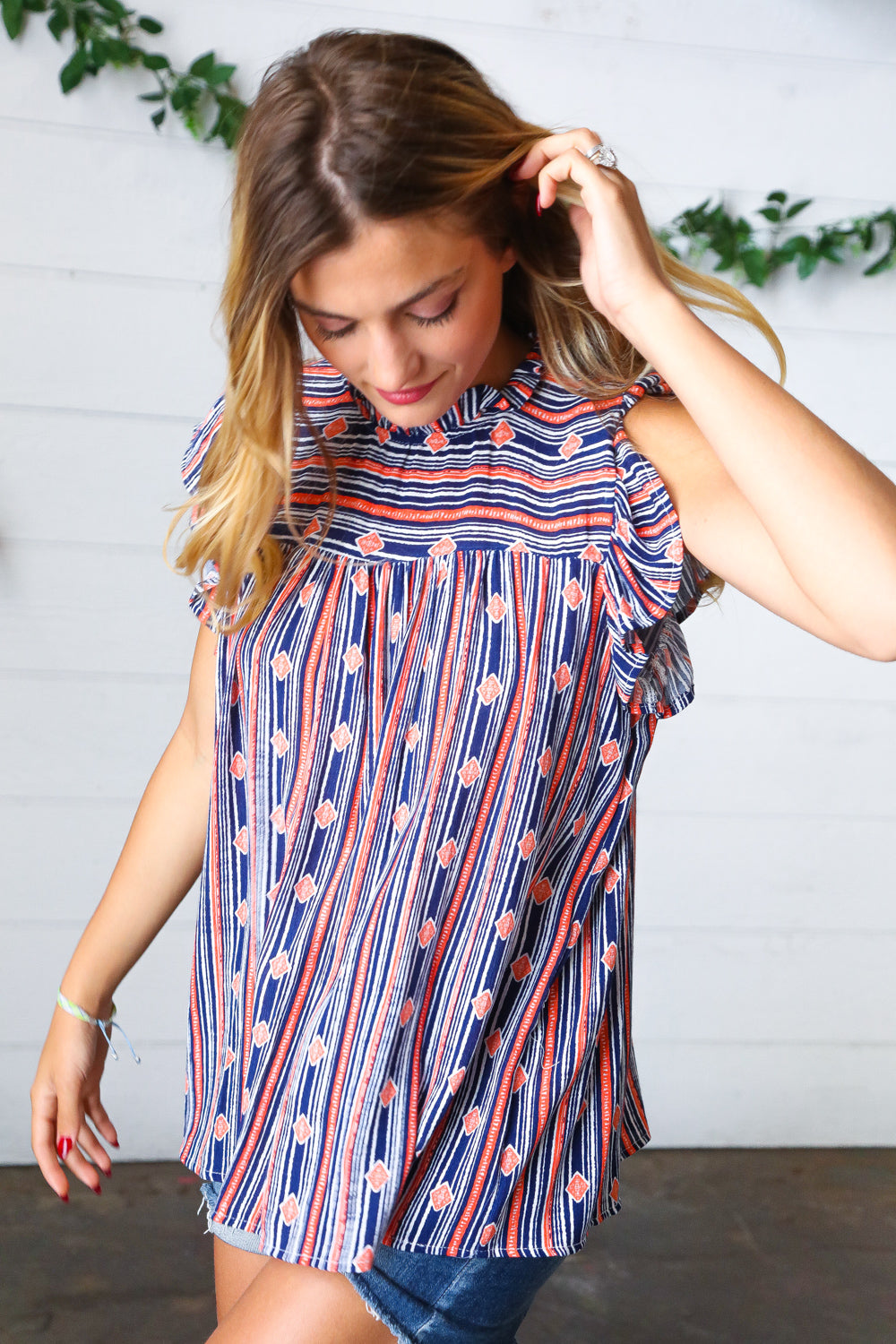 Navy & Orange Boho Stripe Flutter Sleeve Top