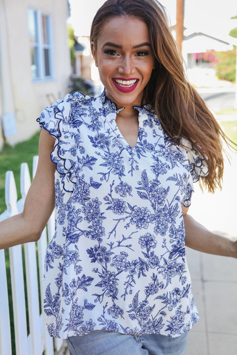 Vintage Vibes Navy/Ivory Embroidered Ruffle Sleeve Notch Neck Top