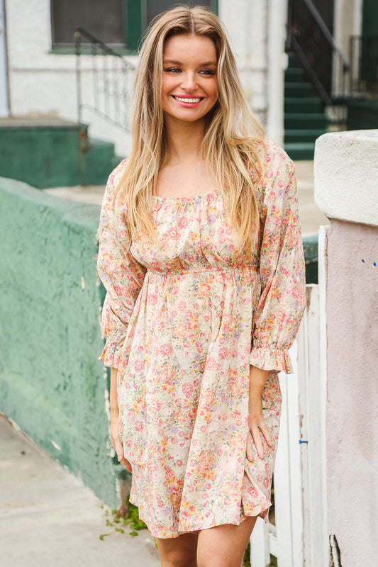 Boho Vibes Oatmeal Cotton Blend Peasant Dress