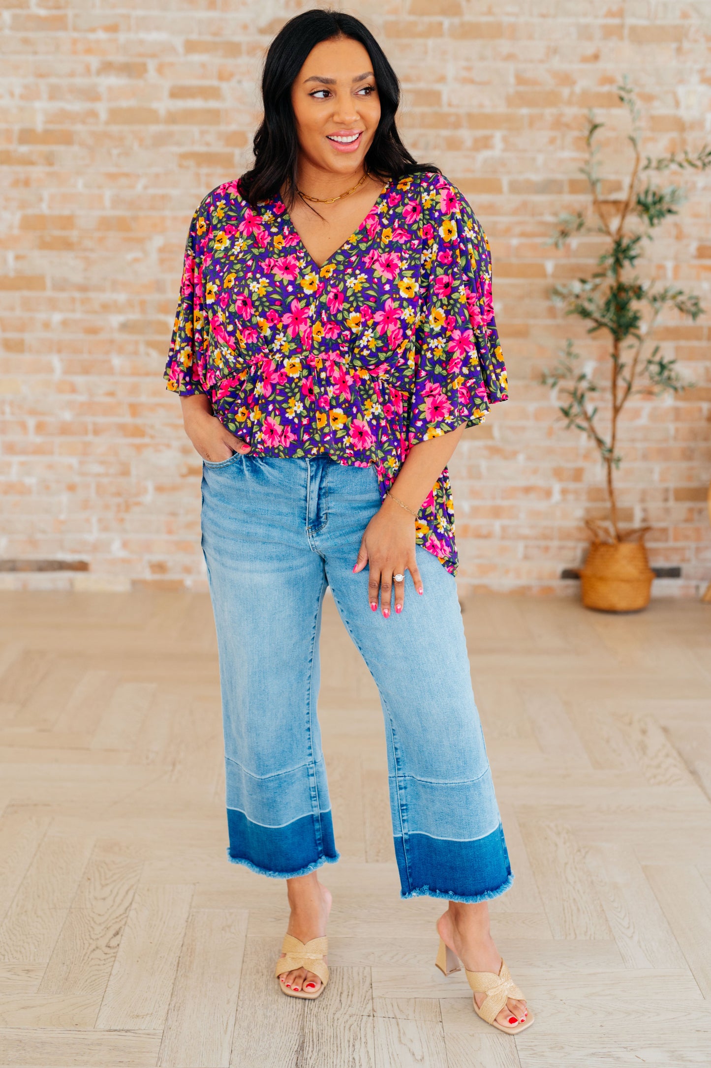 Dreamer Peplum Top in Purple and Pink Floral