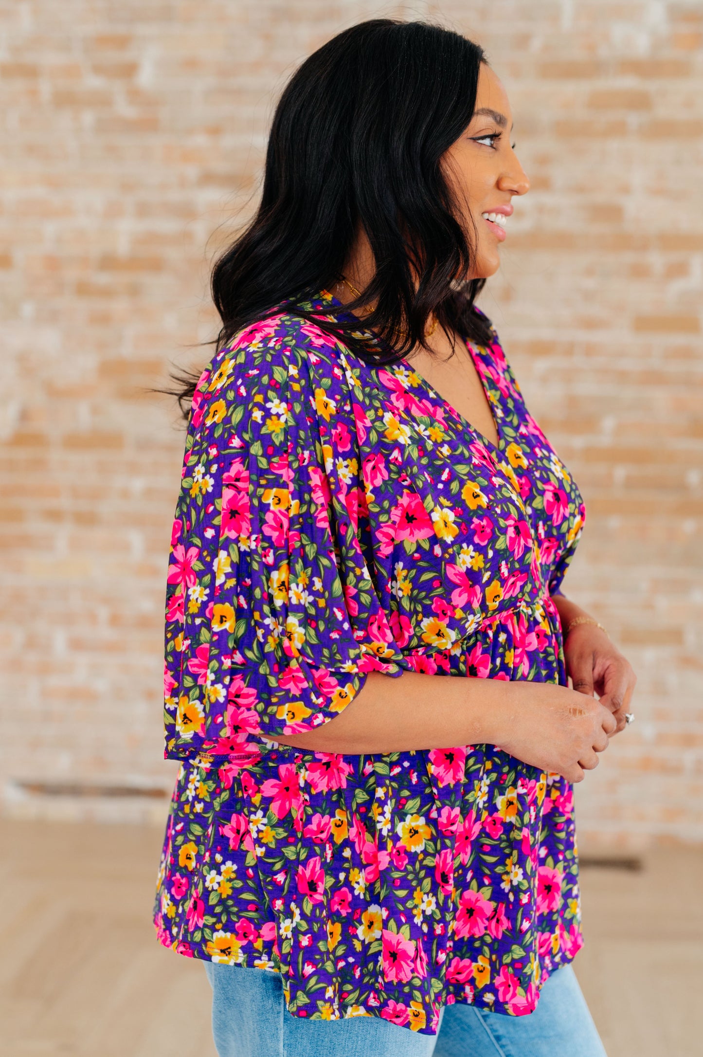 Dreamer Peplum Top in Purple and Pink Floral