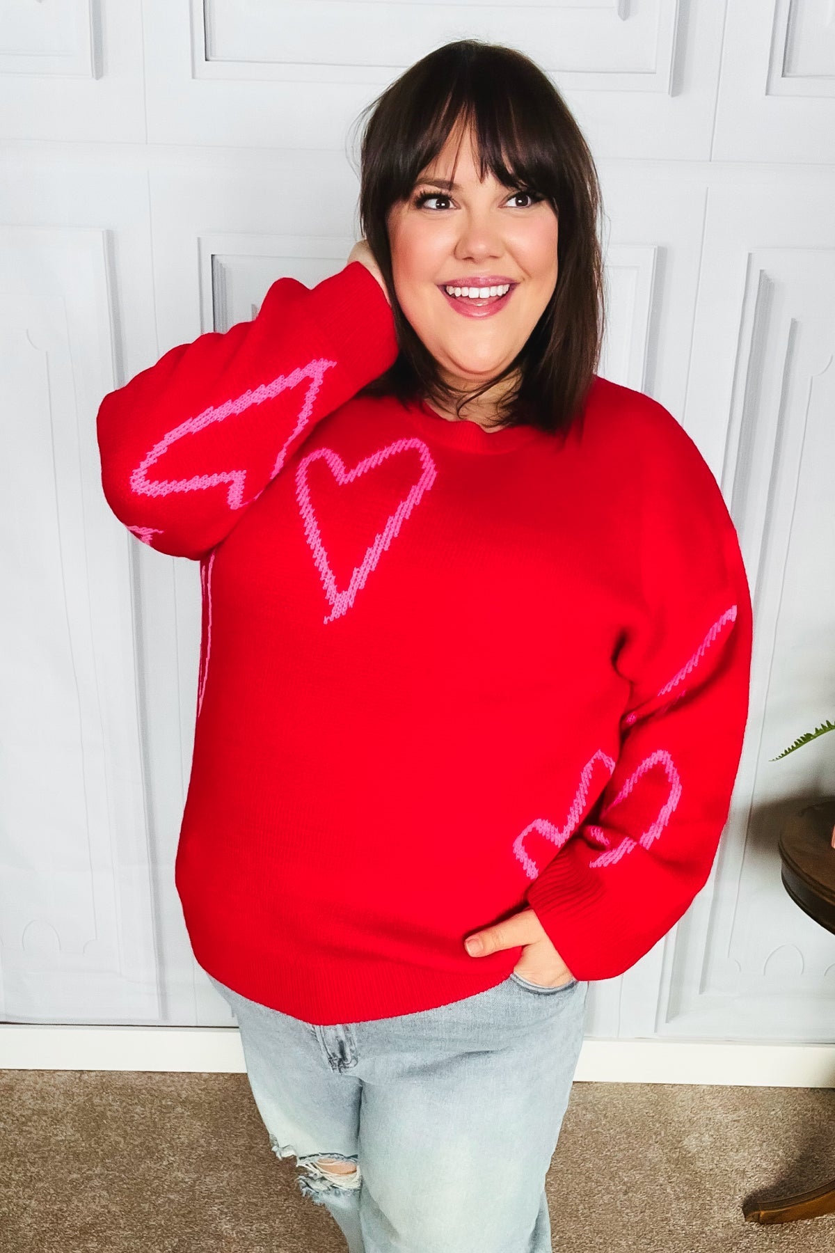 Make You Smile Red Heart Jacquard Oversized Sweater