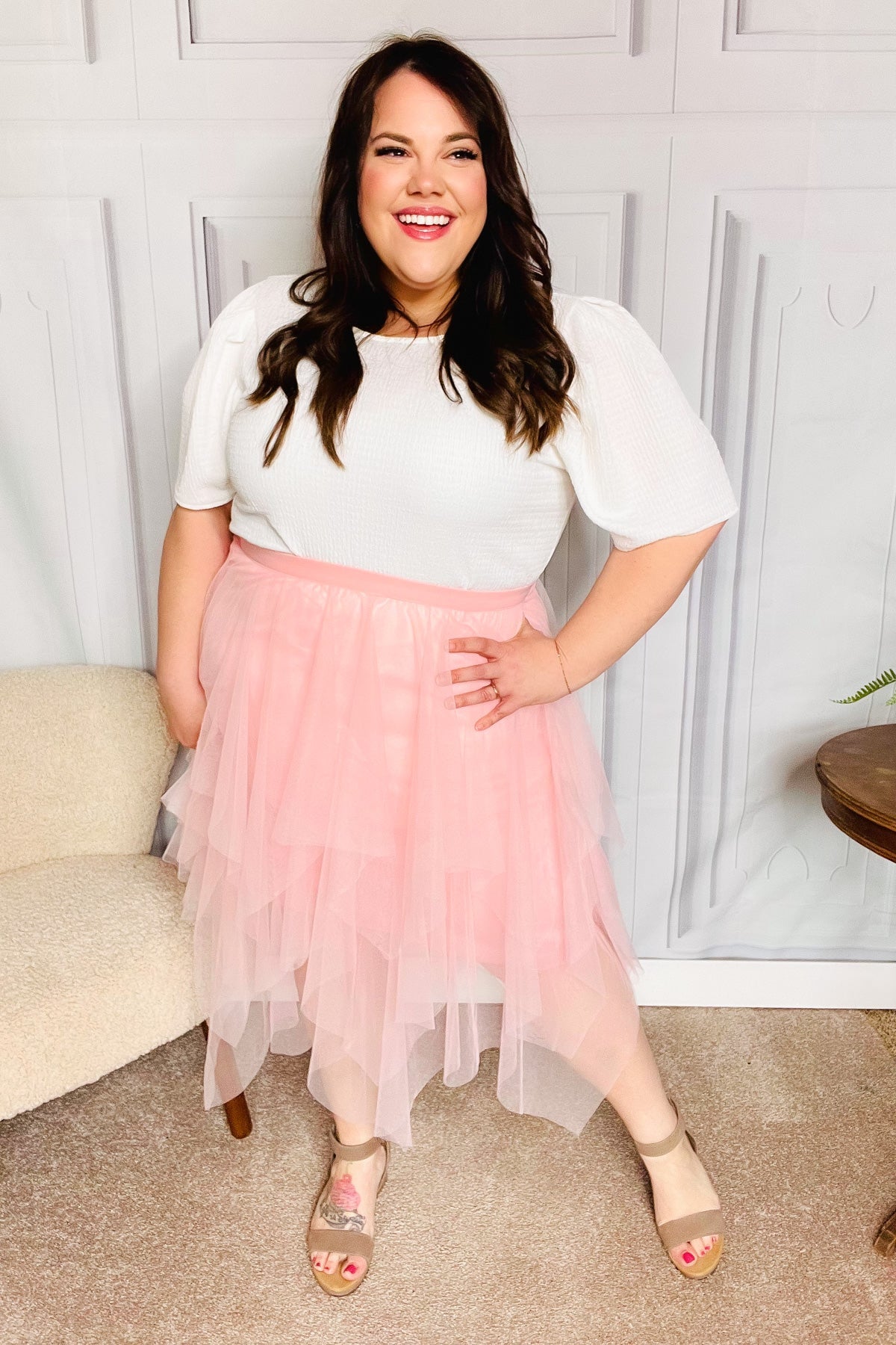 Feeling Femme' Blush Asymmetric Tiered Tulle Midi Skirt