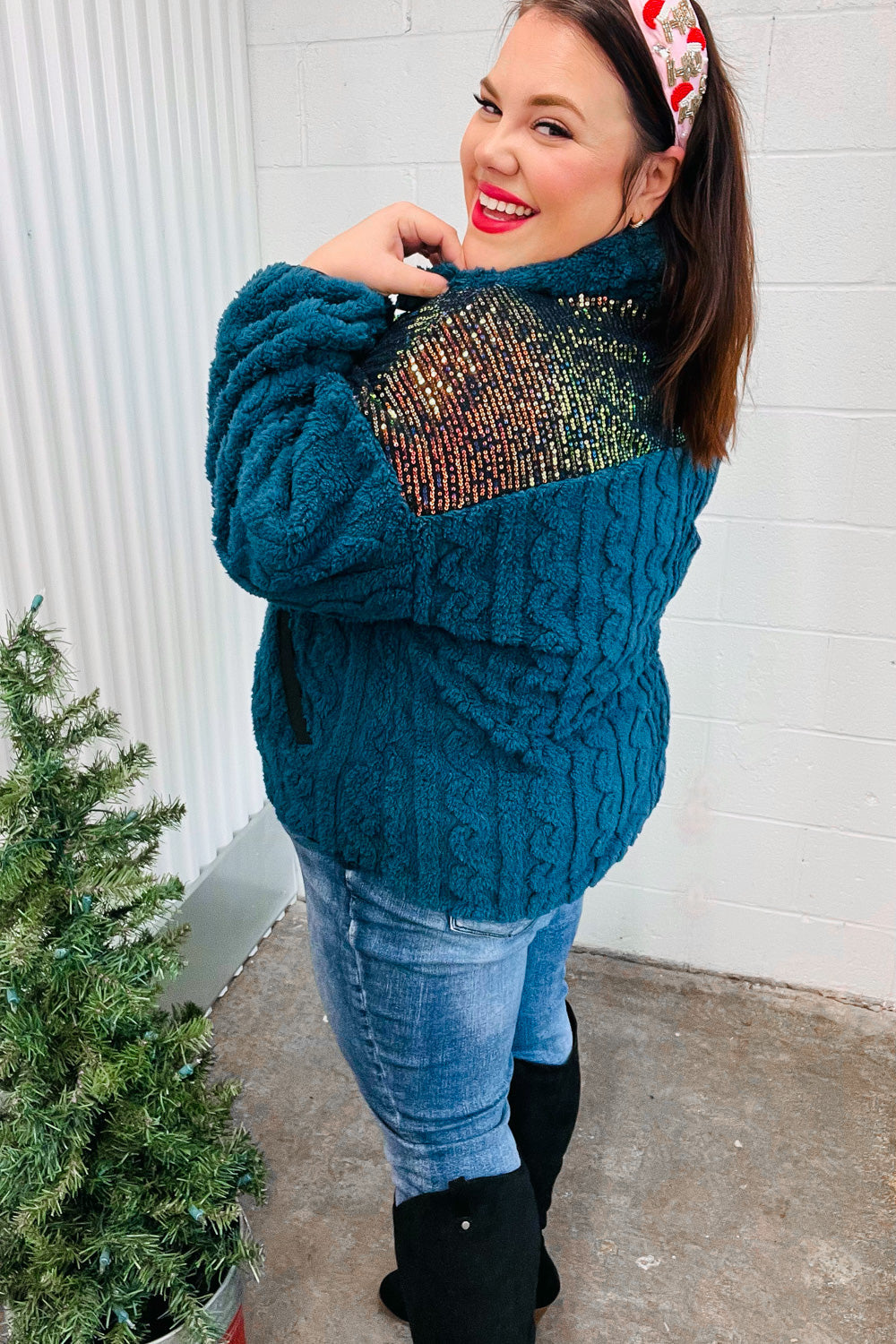 Going With You Teal Sequin & Sherpa Half Zip Pullover