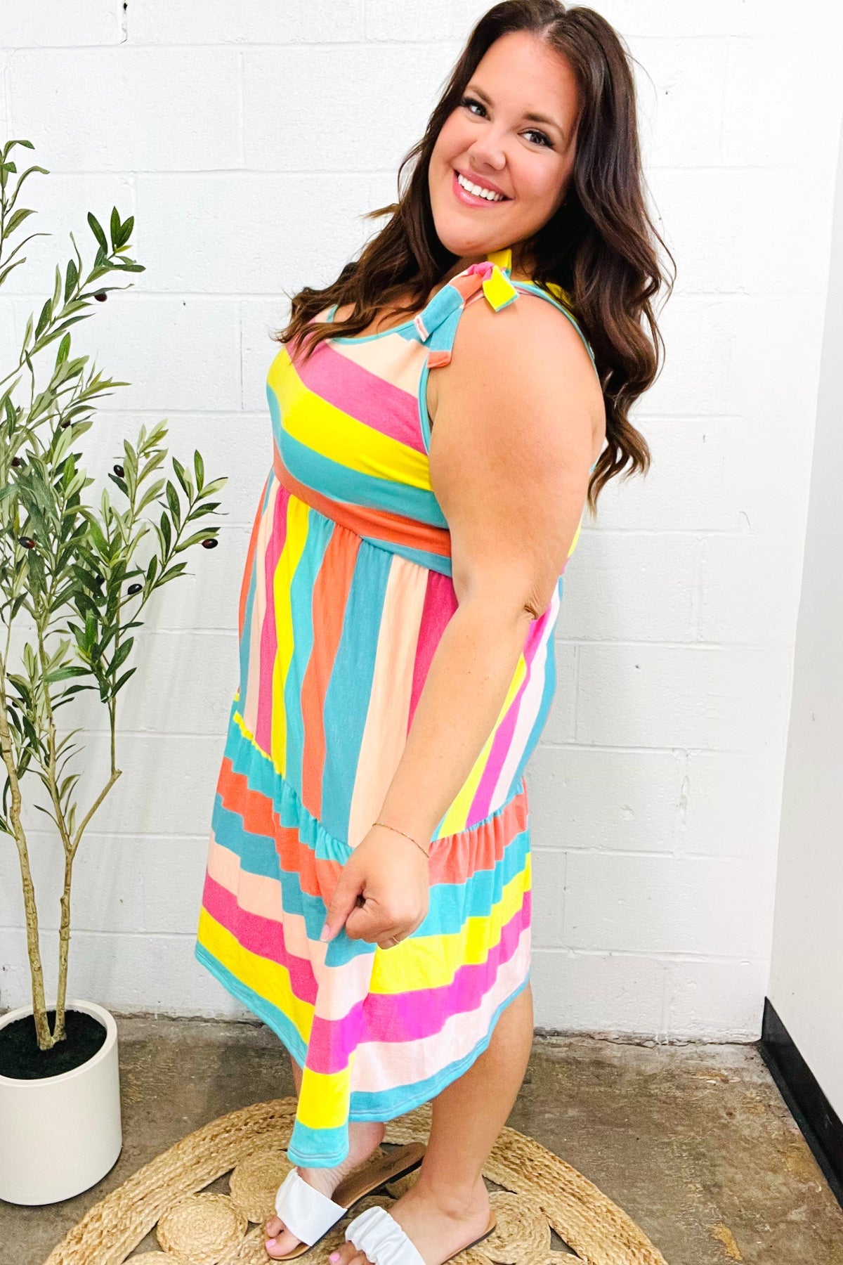 Start The Day Rainbow Stripe Shoulder Tie Tiered Dress