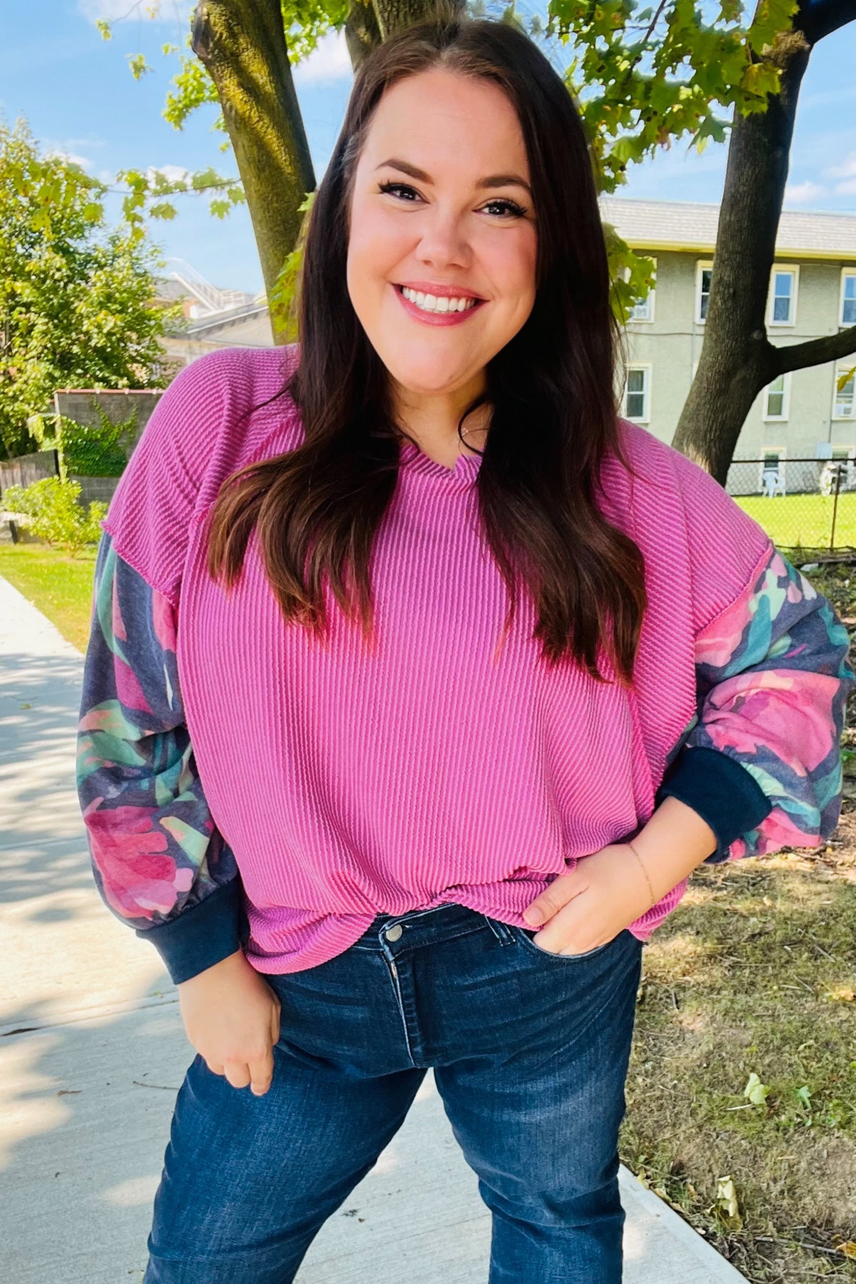 Weekend Ready Magenta & Navy Floral Mineral Wash Rib Dolman Top