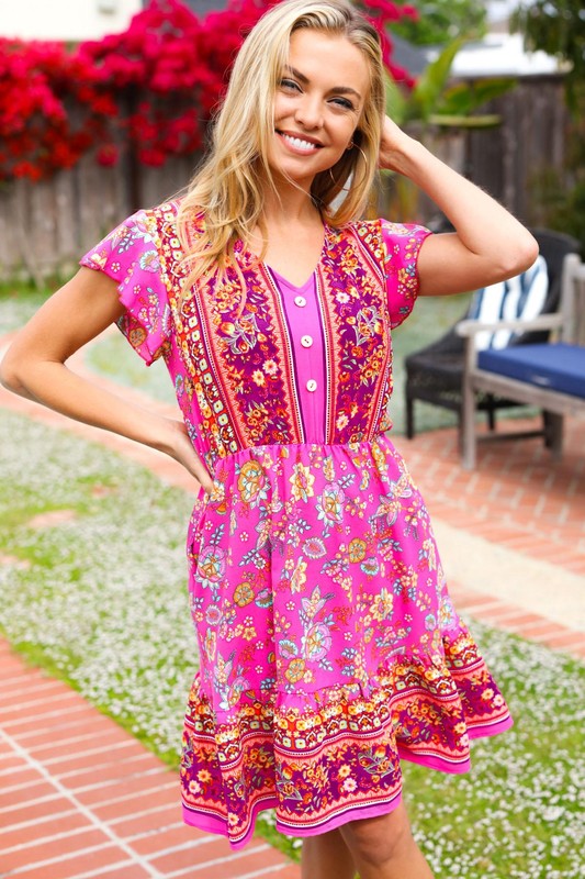 Find Romance Fuchsia Boho Floral Button V Neck Ruffle Dress